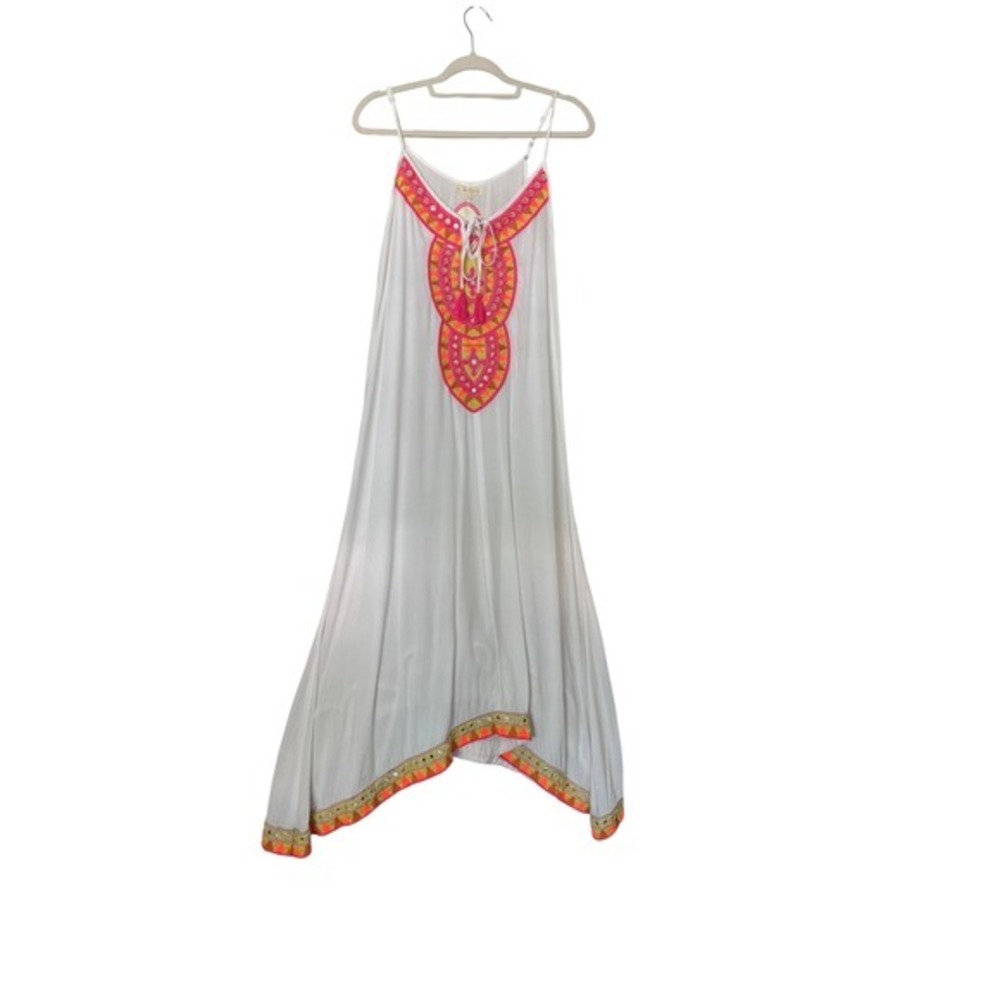 Ruby Yaya White Embroidered Mirror Tassel Handkerchief Hem Maxi Dress Mens M - Picture 3 of 9